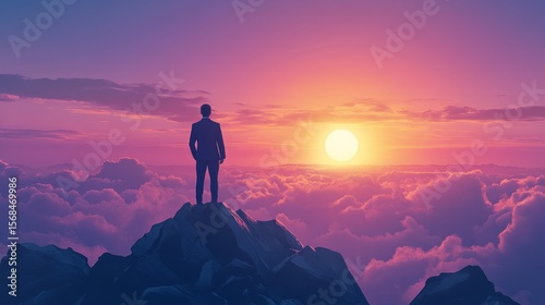 A businessman in a suit stands on a mountain, watching the sunrise over rocks. This shows success, leadership, and overcoming challenges. Space for text.
