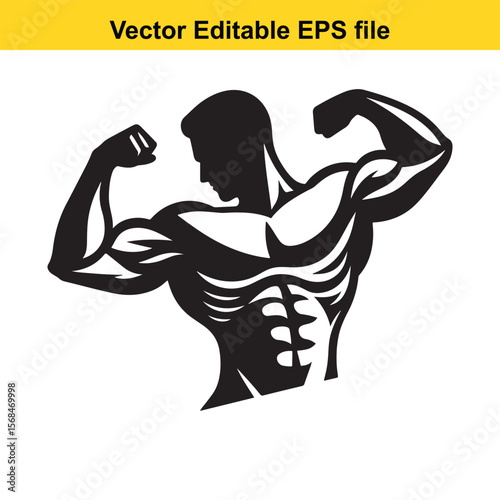 Silhouette of a Muscular Man Flexing Biceps Bodybuilding Concept Vector Illustration Portraying Strength Fitness and Dedication in a Bold Graphic Style