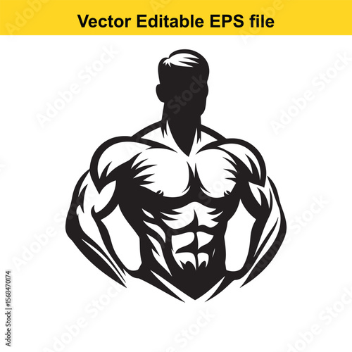 Silhouette Bodybuilder Vector Illustration for Fitness Enthusiasts and Gym Advertisements Promoting Strength and Muscle Definition in Black and White