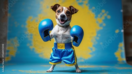 Cute terrier dog wearing boxing gloves and blue shorts strikes a pose for a fun portrait on a colorful background.