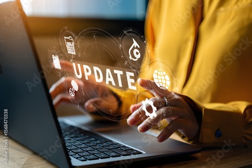 Software update or operating system upgrade concept. Improved functionality in the new version and improved security. Person using laptop with Software update and upgrade technology.