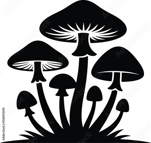Black silhouette of mushrooms growing on white background (2).eps