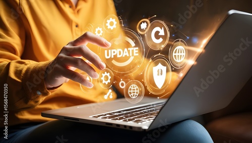 Software update or operating system upgrade concept. Improved functionality in the new version and improved security. Person using laptop with Software update and upgrade technology.