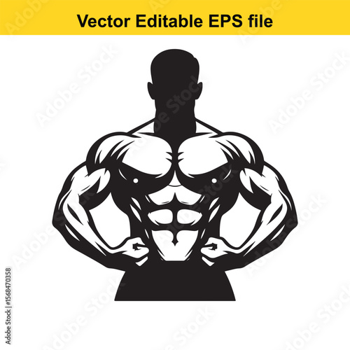 Silhouette Vector Art of Muscular Bodybuilder with Large Muscles Flexing Power Symbolizing Strength and Fitness Isolated on White