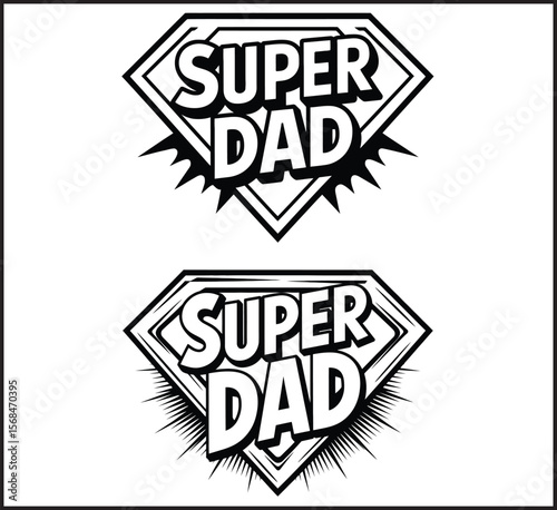 Super Dad Superhero Shield Badge Icons Set Black and White Vector Design