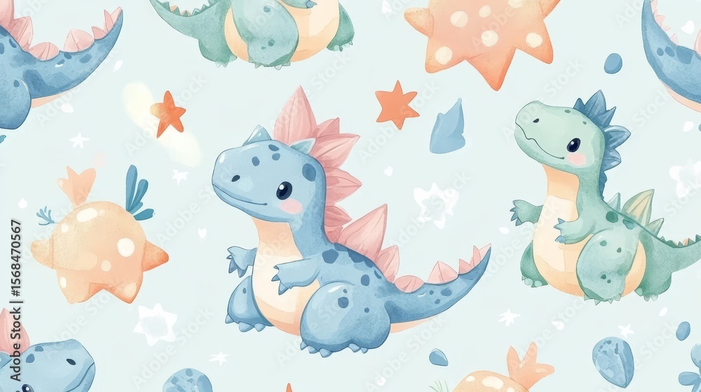 Fototapeta premium A fun design for kids with cute dinosaurs. Great for baby showers or as a pattern on bedding, clothes, wallpaper, and more! 