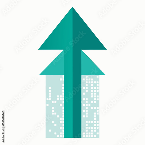 Teal arrow rising above city skyline blue upward