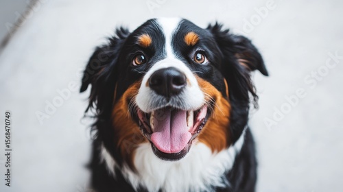 A happy Bernese mountain dog sits on white, looking at the camera and sticking its tongue out.
