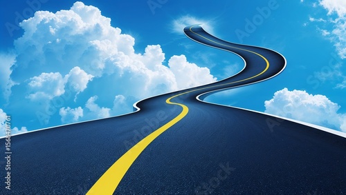 Blue asphalt road stretches into bright sky with fluffy clouds.
