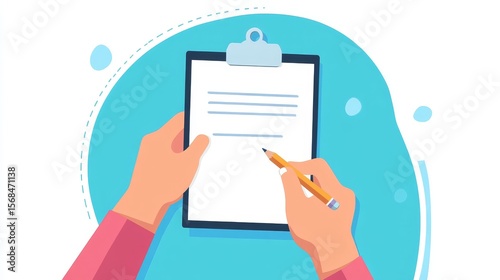 A modern image shows hands holding a clipboard with a blank paper and pencil. It looks like someone is ready to write something down.
