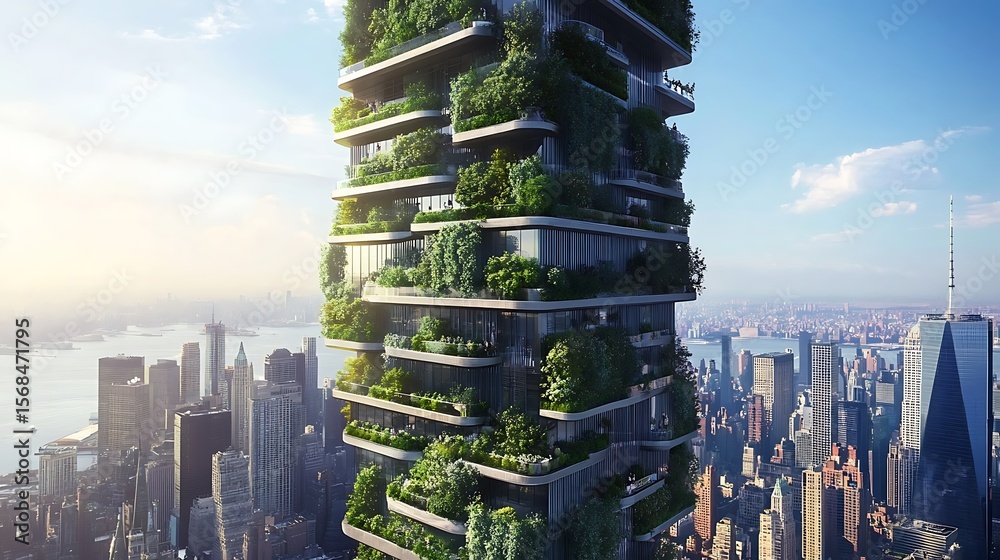 Obraz premium A lush vertical garden on a modern urban wall, blending nature with architectural design.