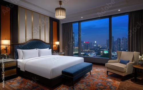An image showcasing a luxurious modern home or hotel interior, featuring a comfortable bedroom and living room with stylish furniture, a lamp, and natural light from a window