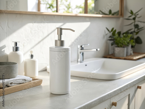 White Liquid Soap Dispenser on Bathroom Sink