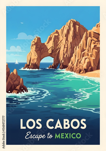 Los cabos mexico arch rock formation and sailboat on turquoise water