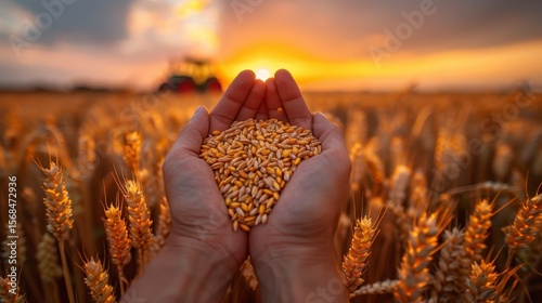 Hands hold grain against sunset field, tractor blurs
