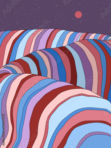 Geometric striped mountains. Wavy colorful landscape. 1960s retro poster