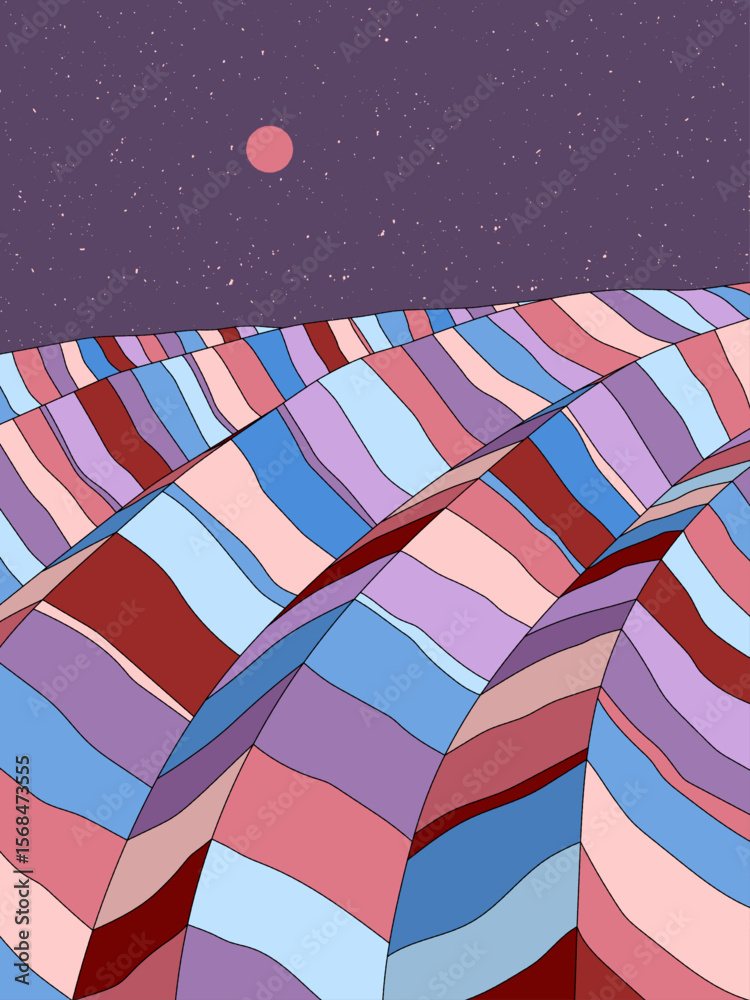 Obraz premium Wavy colorful landscape. Geometric striped mountains. 1960s retro poster