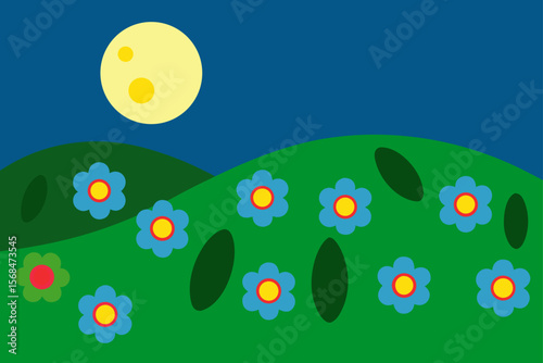 Wildflower Meadows On Green Hills Under Night Sky