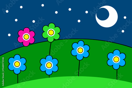 Wildflower Meadows On Green Hills Under Night Sky