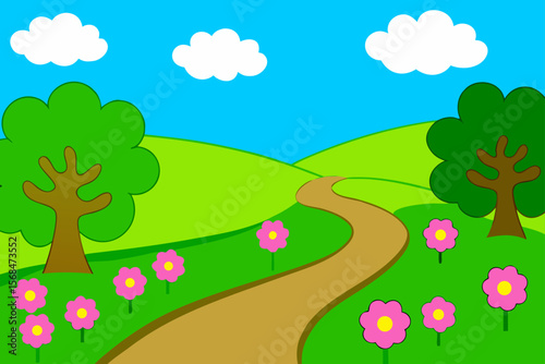 Vector Landscape With Winding Footpath Through Green Fields