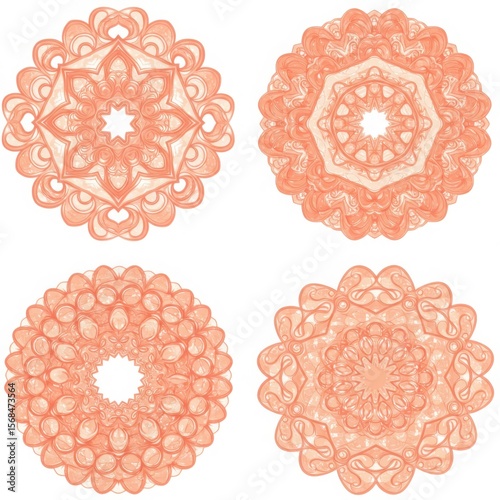 Four distinct circular floral mandala designs with intricate symmetrical patterns in a soft coral peach watercolor texture