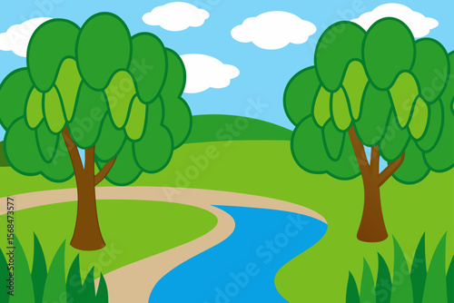Vector Illustration Of Lakeside Meadow With Walking Path