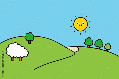 Sunny Hillside Meadow With Footpath And Grazing Sheep
