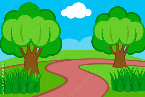 Vector Illustration Of Lakeside Meadow With Walking Path
