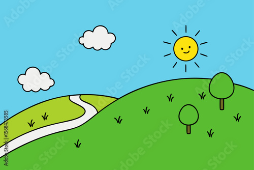 Sunny Hillside Meadow With Footpath And Grazing Sheep