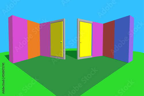Multi Colored Abstract Opening Doors On Grassy Field