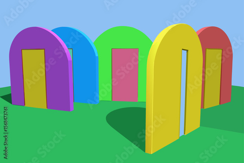 Multi Colored Abstract Opening Doors On Grassy Field