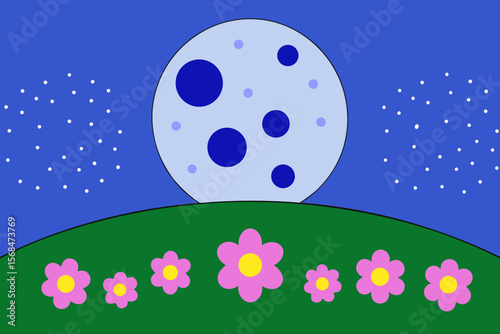 Moon Rising Over Hills And Meadows Filled With Night Blooms