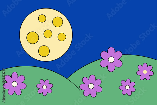 Moon Rising Over Hills And Meadows Filled With Night Blooms