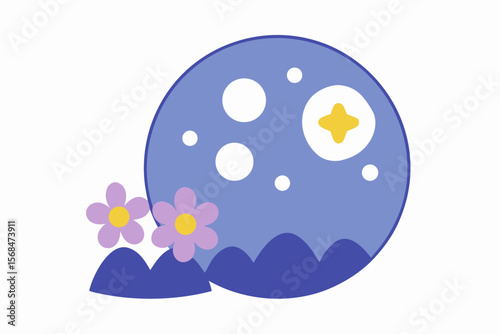 Dreamy Full Moon Scene With Flowers And Hills Starry Sky