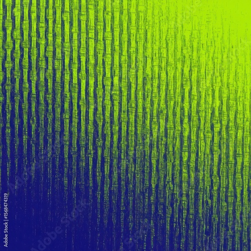 Abstract textured background with vertical lines in a gradient of electric lime green to deep blue with a distressed grunge effect