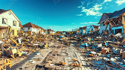 Aftermath of a disaster Cartoon style image of destroyed houses and debris-filled street under a clear blue sky