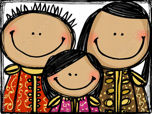 Festive family gathering with smiling children in colorful traditional outfits during a celebration