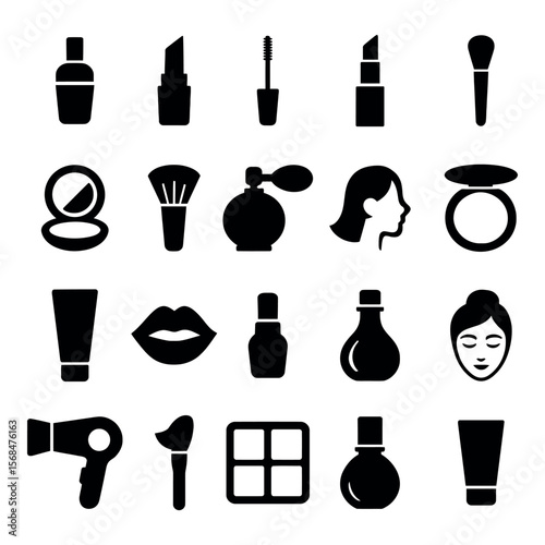 Beauty and Makeup Icons Cosmetic Tools and Haircare Elements