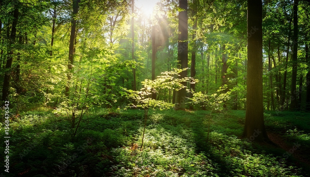 Fototapeta premium soft sunlight filters layered emerald leaves casting dappled shadows forest floor wispy strands escaping illuminate