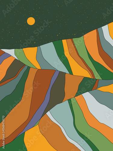 Geometric striped mountains. Wavy colorful landscape. 1960s retro poster