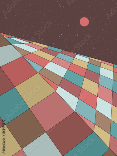 Geometric striped mountains. Сheckered landscape. 1960s retro poster
