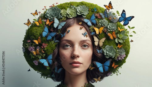 A creative portrait where the top of a woman’s head reveals a lush miniature garden instead of a brain, complete with butterflies and vines.