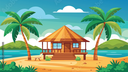 Cartoon Beach Bungalow with Palm Trees, Tropical Ocean View, and Relaxing Deck Chair