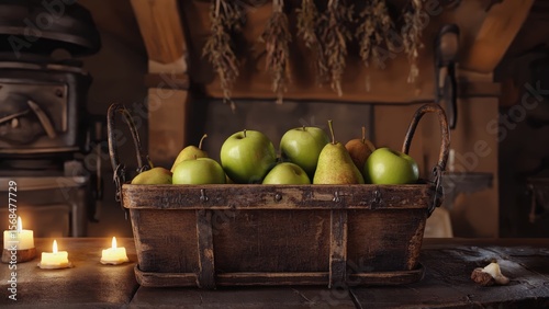 Wallpaper Mural Rustic basket of green apples and pears in candlelit kitchen setting Torontodigital.ca