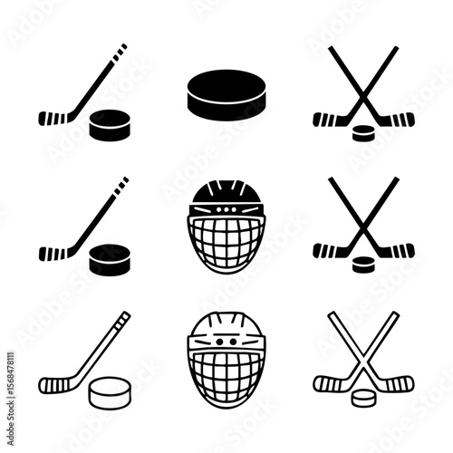 Minimalist Hockey Stick Silhouette Icon Set Nine Transparent pngs White Background puck skate