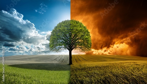 a contrast between sunny and stormy weather highlighting a tree that signifies life showing how the weather affect environment