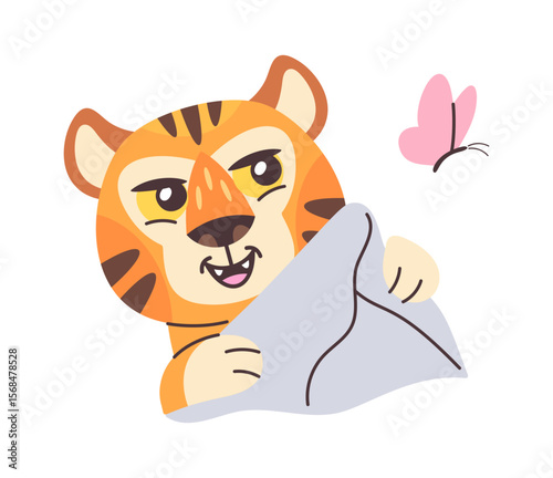 Cute tiger character catching butterfly