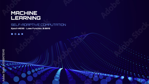 Machine learning self-adaptive computation text with blue particle wave. Digital technology background for artificial intelligence.