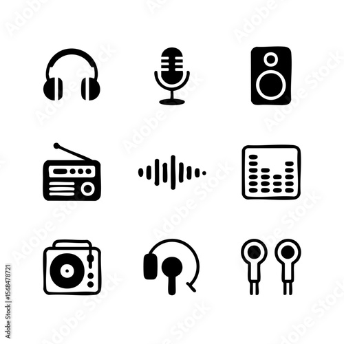 Nine Minimalist Audio Device Silhouettes Set Transparent Background Vector Illustration