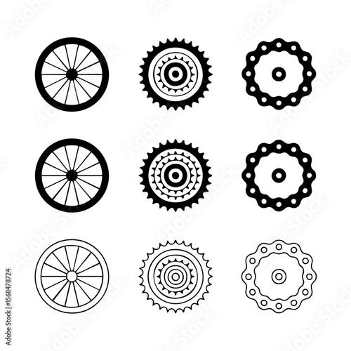 Nine Minimalist Bicycle Parts Silhouettes Set White Background Transparent png Vector Illustration